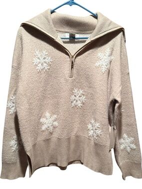Rachel Zoe Beige Half-Zip Snowflake Sweater